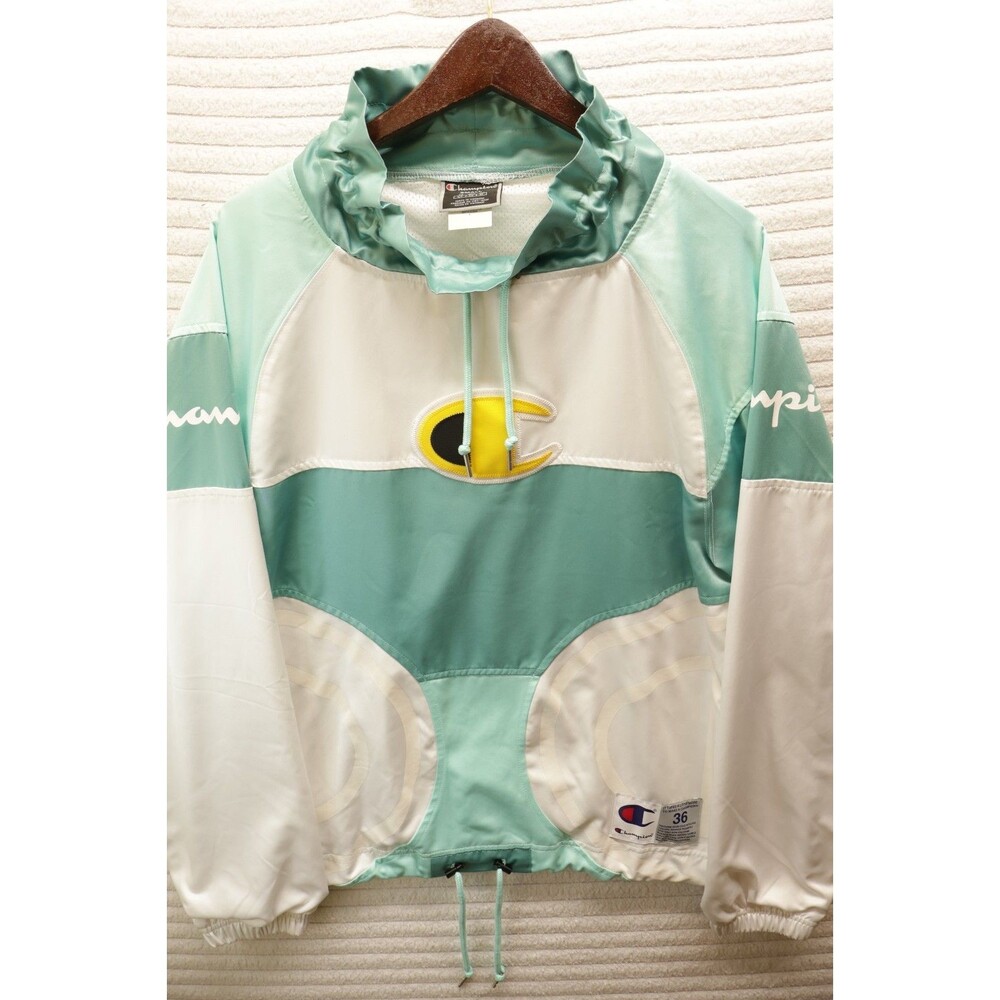 CHAMPION Big C Logo Mock Neck Satin Pull-Over White & Green Jacket, Men's S